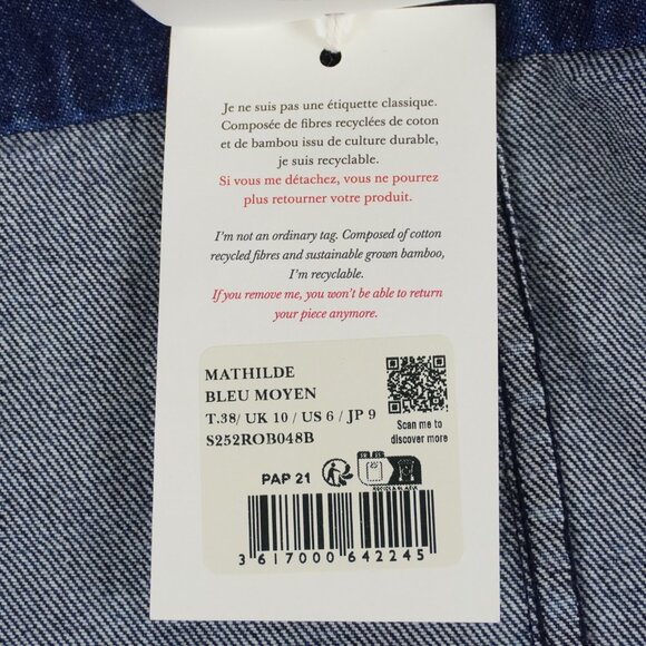 Sezane Mathilde Long-Sleeve Short Dress in Deep Blue Denim - US Size 6 - NWT - Picture 7 of 7